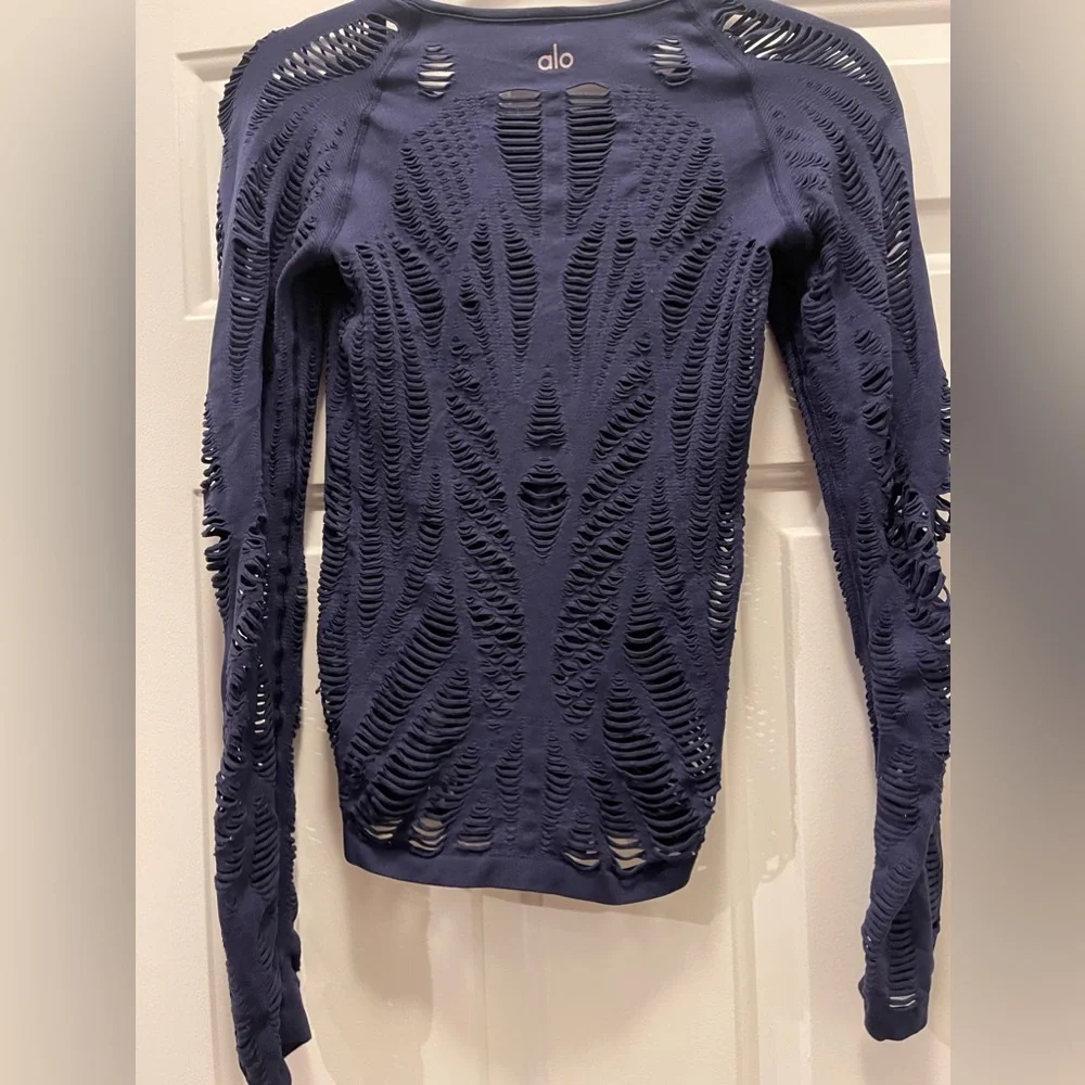 ALO Yoga Navy Blue Long Sleeve Laser-Cut Top